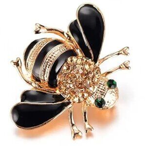 Bee Brooch Rhinestone Green Emerald Pin Enamel Gold Stylish Glam Black Bumble